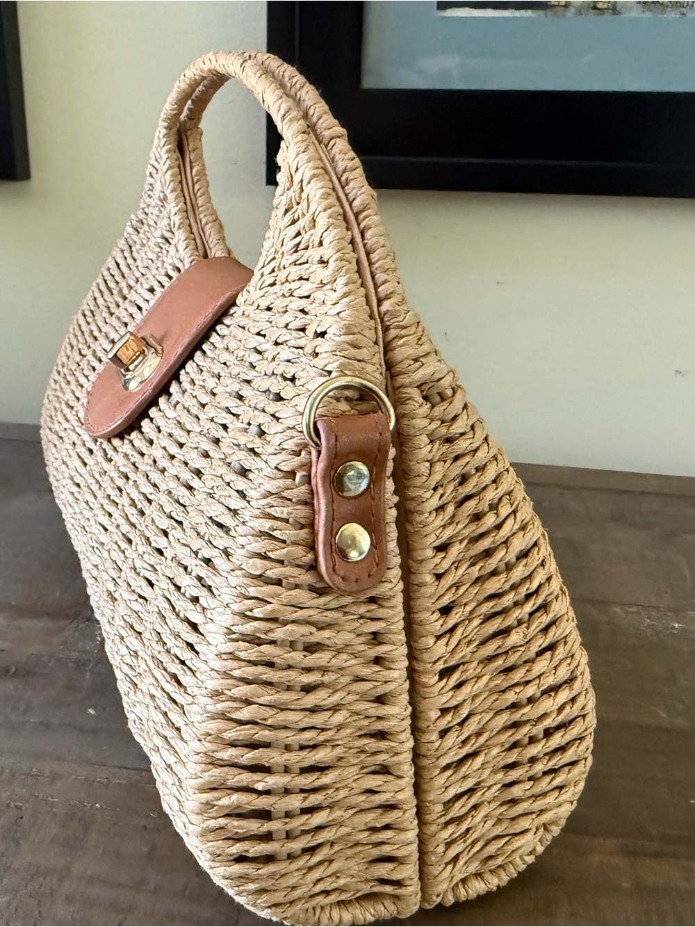 Woven Mini Straw Handbag with Tan Leather Flap - Picture 3 of 5